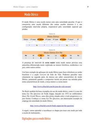 O modo Dórico é uma escala menor com uma sonoridade peculiar. O que o
caracteriza uma escala diferente das outras escalas menores é a sua
configuração intervalar própria, responsável pela sonoridade especial que
produz.
Modo Dórico
Tônica 2ª maior 3ª menor 4ª Justa 5ª Justa 6ª maior 7ª menor 8ª
T St T T T St T
Modo Dórico Em Ré
Ré Mi Fá Sol Lá Si Dó Ré
I II III IV V VI VII
A presença do intervalo de sexta maior neste modo menor provoca essa
atmosfera diferenciada muito explorada na música folclórica, nordestina e no
jazz, entre outros estilos.
Um bom exemplo da aplicaçao do modo Dórico para fazer referência ao sertão
brasileiro é a cação Carcará de João do Vale. Podemos perceber mais
claramente na segunda parte da música um sabor característico do modo
Dórico, justamente quando o compositor insiste em passar sua melodia pelas
notas características do modo, a terça menor e a sexta maior.
http://www.cifraclub.com.br/joao-do-vale/carcara/
No Rock também há bons exemplos de uso do modo dórico, como é o caso do
tema Eat The Question de Frank Zappa, lançado em 1972 no emblemático
disco The Grand Wazoo, uma obra prima situada entre o rock progressivo e o
jazz fuzion. Conheça a o tema Eat The Question, um interessante exemplo do
emprego da sonoridade do modo Dórico.
http://www.cifraclub.com.br/frank-zappa/eat-the-question/
A seguir, vamos aprender a reconhecer os shapes pra tocar este modo por toda
a escala do instrumento...
Digitações para o modo Dórico
Modo Dórico
Modos Gregos – curso completo 9
Tabela 04
Modos Gregos – curso completo
Tabela 05
 