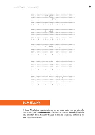 --------------------------------------------------- ----2-------3---2h3p2p0-6/75---------------------- ----0---------------------------------------------- ----0-------------------6/75---------------------- --------------------------------------------------- ----3---------------------------------------------- 
. . . . 1 . . . 2 . . . 3 . . . 4 . . . 
--------------------------------------------------- ----2-------3---2---3p2p0-------------------------- ----0-----------------------0---3------------------ ----0-----------------------0---3------------------ --------------------------------------------------- ----3---------------------------------------------- 
. . . . 1 . . . 2 . . . 3 . . . 4 . . . 
--------------------------------------------------- ----2-------3---2---3p2p0-------------------------- ----0-----------------------0---3------------------ ----0-----------------------0---3------------------ --------------------------------------------------- ----3---------------------------------------------- 
. . . . 1 . . . 2 . . . 3 . . . 4 . . . 
--------------------------------------------------- ----2-------3---2h3p2p0-6/75---------------------- ----0---------------------------------------------- ----0-------------------6/75---------------------- --------------------------------------------------- ----3---------------------------------------------- 
. . . . 1 . . . 2 . . . 3 . . . 4 . . . 
--------------------------------------------------- ----2-------3---2---3p2p0---0---3---5-------------- ----0-----------------------0---3---5-------------- ----0-----------------------0---3---5-------------- --------------------------------------------------- ----3---------------------------------------------- 
. . . . 1 . . . 2 . . . 3 . . . 4 . . . 
O Modo Mixolídio é caracterizado por ser um modo maior com um intervalo característico que é a sétima menor. Este intervalo confere ao modo Mixolídio uma atmosfera tensa, bastante utilizada na música nordestina, no blues e no jazz, entre outros estilos. 
Modo Mixolídio 
Modos Gregos – curso completo 
23  