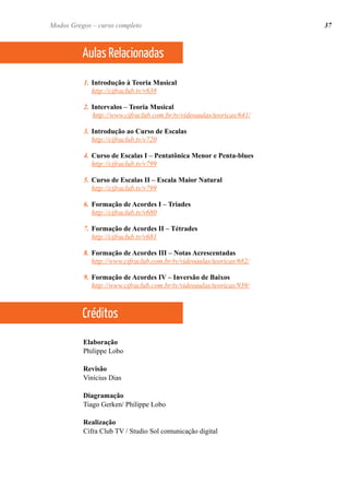1.Introdução à Teoria Musicalhttp://cifraclub.tv/v638 
2.Intervalos – Teoria Musical http://www.cifraclub.com.br/tv/videoaulas/teoricas/641/ 
3.Introdução ao Curso de Escalashttp://cifraclub.tv/v720 
4.Curso de Escalas I – Pentatônica Menor e Penta-blueshttp://cifraclub.tv/v799 
5.Curso de Escalas II – Escala Maior Naturalhttp://cifraclub.tv/v799 
6.Formação de Acordes I – Triadeshttp://cifraclub.tv/v680 
7.Formação de Acordes II – Tétradeshttp://cifraclub.tv/v681 
8.Formação de Acordes III – Notas Acrescentadashttp://www.cifraclub.com.br/tv/videoaulas/teoricas/682/ 
9.Formação de Acordes IV – Inversão de Baixoshttp://www.cifraclub.com.br/tv/videoaulas/teoricas/939/ 
Elaboração 
Philippe Lobo 
RevisãoVinícius Dias 
DiagramaçãoTiago Gerken/ Philippe Lobo 
RealizaçãoCifra Club TV / Studio Sol comunicação digital 
Aulas Relacionadas 
37 
Créditos 
Modos Gregos – curso completo  