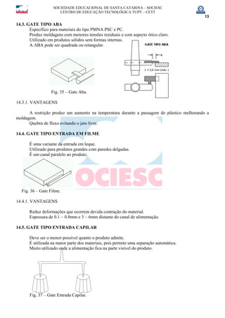 SOCIEDADE EDUCACIONAL DE SANTA CATARINA – SOCIESC
CENTRO DE EDUCAÇÃO TECNOLÓGICA TUPY – CETT
13
14.3. GATE TIPO ABA
Específico para materiais do tipo PMNA PSC e PC.
Produz moldagens com menores tensões residuais e com aspecto ótico claro.
Utilizado em produtos sólidos sem formas internas.
A ABA pode ser quadrada ou retangular.
Fig. 35 – Gate Aba.
14.3.1. VANTAGENS
A restrição produz um aumento na temperatura durante a passagem do plástico melhorando a
moldagem.
Quebra de fluxo evitando o jato livre.
14.4. GATE TIPO ENTRADA EM FILME
É uma variante da entrada em leque.
Utilizado para produtos grandes com paredes delgadas.
É um canal paralelo ao produto.
Fig. 36 – Gate Filme.
14.4.1. VANTAGENS
Reduz deformações que ocorrem devida contração do material.
Espessura de 0.1 ~ 0.8mm e 3 ~ 6mm distante do canal de alimentação.
14.5. GATE TIPO ENTRADA CAPILAR
Deve ser o menor possível quanto o produto admite.
É utilizada na maior parte dos materiais, pois permite uma separação automática.
Muito utilizado onde a alimentação fica na parte visível do produto.
Fig. 37 – Gate Entrada Capilar.
 