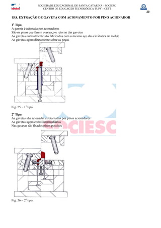 SOCIEDADE EDUCACIONAL DE SANTA CATARINA – SOCIESC
CENTRO DE EDUCAÇÃO TECNOLÓGICA TUPY – CETT
20
15.8. EXTRAÇÃO DE GAVETA COM ACIONAMENTO POR PINO ACIONADOR
1o
Tipo
A gaveta é acionada por acionadores
São os pinos que fazem o avanço e retorno das gavetas
As gavetas normalmente são fabricadas com o mesmo aço das cavidades do molde
As gavetas agem diretamente sobre as peças
Fig. 55 – 1o
tipo.
2o
Tipo
As gavetas são acionadas e retornadas por pinos acionadores
As gavetas agem como intermediárias
Nas gavetas são fixados pinos postiços
Fig. 56 – 2o
tipo.
 