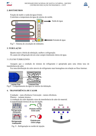 SOCIEDADE EDUCACIONAL DE SANTA CATARINA – SOCIESC
CENTRO DE EDUCAÇÃO TECNOLÓGICA – CETT
2
2. ROTÂMETROS
Função de medir a vazão da água (l/min).
Controlam a temperatura da água de retorno do molde.
Fig.7 – Sistema de circulação do rotâmetro.
Entrada de água
Saída de água
3. TUBULAÇÃO
Quanto maior a bitola da tubulação, melhor a refrigeração.
Os canais de refrigeração devem estar sempre totalmente cheios de água.
3.1.FLUXO TURBULENTO
Assegura que a condição de mistura do refrigerante é apropriada para uma ótima taxa de
transferência de calor.
Faz uma distribuição de calor através do refrigerante mais homogênea em relação ao fluxo laminar.
Fig.8 – Comportamento da água no interior da tubulação.
4. TRANSFERÊNCIA DE CALOR
Condução – mais eficiência; Convecção – menos eficiência.
Plástico – isolante térmico.
A condução de calor depende a taxa de transferência de calor do material.
Condutibilidade térmica do aço do molde.
Fig. 9 – Refrigeração no molde de injeção.
 