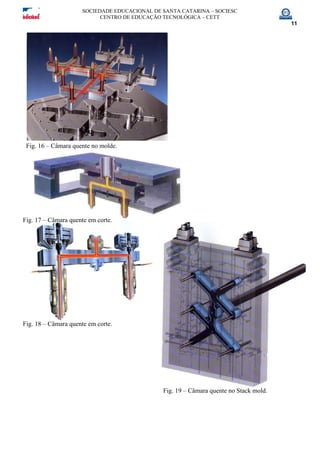 SOCIEDADE EDUCACIONAL DE SANTA CATARINA – SOCIESC
CENTRO DE EDUCAÇÃO TECNOLÓGICA – CETT
11
Fig. 16 – Câmara quente no molde.
Fig. 17 – Câmara quente em corte.
Fig. 18 – Câmara quente em corte.
Fig. 19 – Câmara quente no Stack mold.
 