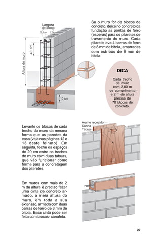 Se o muro for de blocos de
                              concreto, deixe no concreto da
                              fundação as pontas de ferro
                              (esperas) para os pilaretes de
                              travamento do muro. Cada
                              pilarete leva 4 barras de ferro
                              de 8 mm de bitola, amarradas
                              com estribos de 6 mm de
                              bitola.



                                              DICA
                                           Cada trecho
                                             de muro
                                           com 2,80 m
                                         de comprimento
                                          e 2 m de altura
                                            precisa de
                                           70 blocos de
                                             concreto.




Levante os blocos de cada
trecho do muro da mesma
forma que as paredes da
casa (veja nas páginas 12 e
13 deste folheto). Em
seguida, feche os espaços
de 20 cm entre os trechos
do muro com duas tábuas,
que vão funcionar como
fôrma para a concretagem
dos pilaretes.


Em muros com mais de 2
m de altura é preciso fazer
uma cinta de concreto ar-
mado, a meia altura do
muro, em toda a sua
extensão, armada com duas
barras de ferro de 8 mm de
bitola. Essa cinta pode ser
feita com blocos- canaleta.


                                                            27
 