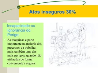 Incapacidade ou
Ignorância do
Perigo:
 As máquinas é parte
importante na maioria dos
processos de trabalho,
mais também uma das
mais perigosa quando não
utilizadas de forma
conveniente e segura.
Atos inseguros 30%
 