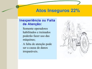Inexperiência ou Falta
de Atenção:
 Somente operadores
habilitados e treinados
poderão fazer uso das
máquinas;
 A falta de atenção pode
ser a causa de danos
irreparáveis.
Atos Inseguros 22%
 