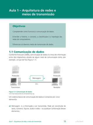 Aula 1 – Arquitetura de redes e
meios de transmissão
Objetivos
Compreender como funciona a comunicação de dados.
Entender a história, o conceito, a classificação e a topologia das
redes de computadores.
Diferenciar os diversos meios de transmissão de dados.
1.1 Comunicação de dados
Conforme Forouzan (2006), comunicação de dados é a troca de informação
entre dois dispositivos através de algum meio de comunicação como, por
exemplo, um par de fios (Figura 1.1).
Figura 1.1: Comunicação de dados
Fonte: http://www.brasilescola.com/upload/e/img1.jpg
Um sistema básico de comunicação de dados é composto por cinco
elementos:
a) Mensagem: é a informação a ser transmitida. Pode ser constituída de
texto, números, figuras, áudio e vídeo – ou qualquer combinação desses
elementos;
e-Tec Brasil
Aula 1 - Arquitetura de redes e meios de transmissão 13
 