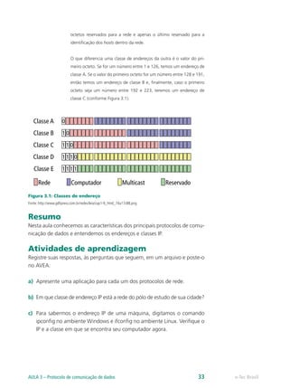 octetos reservados para a rede e apenas o último reservado para a
identificação dos hosts dentro da rede.
O que diferencia uma classe de endereços da outra é o valor do pri-
meiro octeto. Se for um número entre 1 e 126, temos um endereço de
classe A. Se o valor do primeiro octeto for um número entre 128 e 191,
então temos um endereço de classe B e, finalmente, caso o primeiro
octeto seja um número entre 192 e 223, teremos um endereço de
classe C (conforme Figura 3.1).
Classe A
Classe B
Classe C
Classe D
Classe E
Rede Computador Multicast Reservado
0
0
0
0
1
1
1
1 1 1 1
1 1
1
Figura 3.1: Classes de endereço
Fonte: http://www.gdhpress.com.br/redes/leia/cap1-9_html_74a17c88.png
Resumo
Nesta aula conhecemos as características dos principais protocolos de comu-
nicação de dados e entendemos os endereços e classes IP.
Atividades de aprendizagem
Registre suas respostas, às perguntas que seguem, em um arquivo e poste-o
no AVEA:
a) Apresente uma aplicação para cada um dos protocolos de rede.
b) Em que classe de endereço IP está a rede do pólo de estudo de sua cidade?
c) Para sabermos o endereço IP de uma máquina, digitamos o comando
ipconfig no ambiente Windows e ifconfig no ambiente Linux. Verifique o
IP e a classe em que se encontra seu computador agora.
e-Tec Brasil
AULA 3 – Protocolo de comunicação de dados 33
 