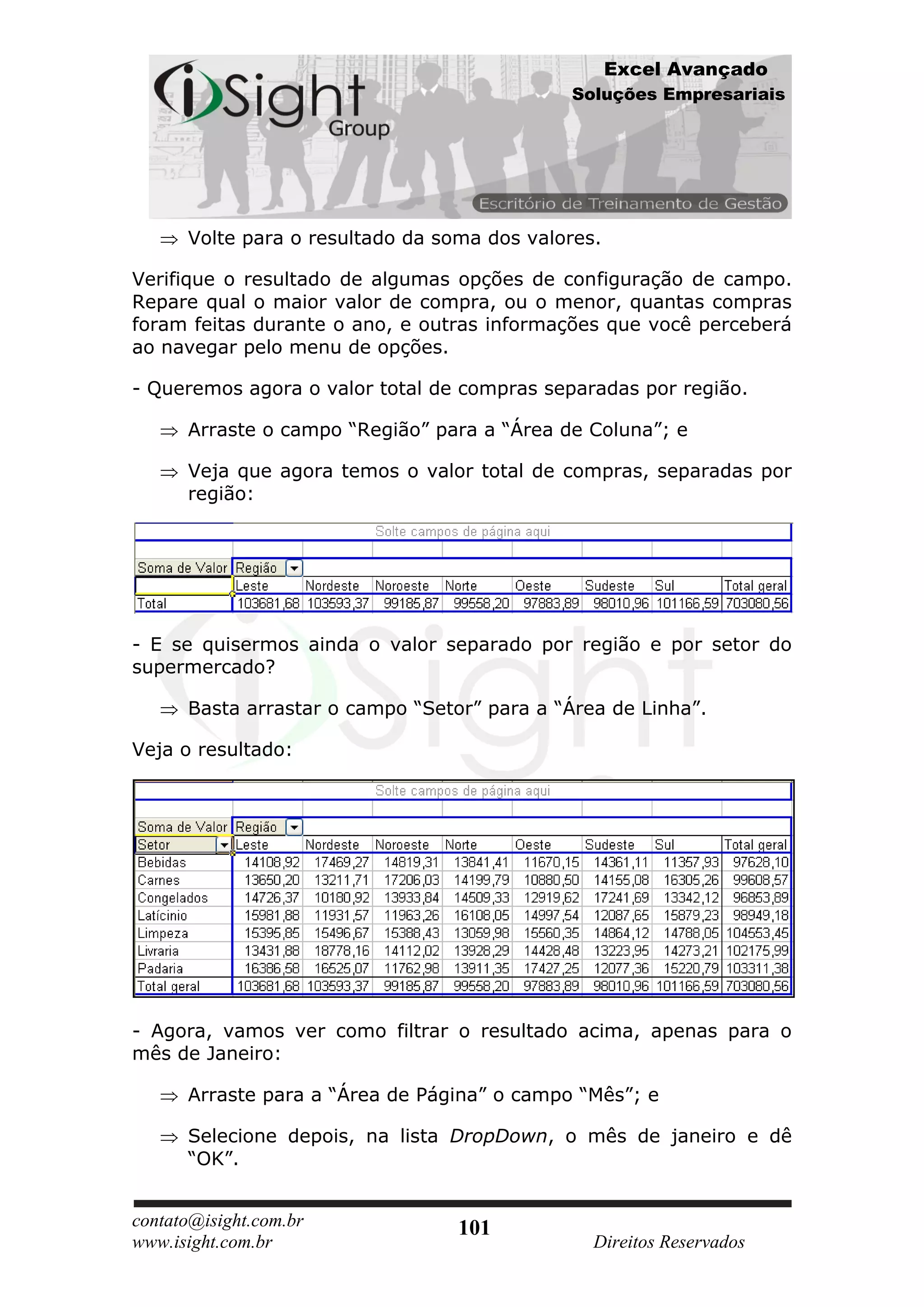 Excel Avançado
                                             Soluções Empresariais




      Volte para o resultado da soma dos valores.

Verifique o resultado de algumas opções de configuração de campo.
Repare qual o maior valor de compra, ou o menor, quantas compras
foram feitas durante o ano, e outras informações que você perceberá
ao navegar pelo menu de opções.

- Queremos agora o valor total de compras separadas por região.

      Arraste o campo “Região” para a “Área de Coluna”; e

      Veja que agora temos o valor total de compras, separadas por
      região:




- E se quisermos ainda o valor separado por região e por setor do
supermercado?

      Basta arrastar o campo “Setor” para a “Área de Linha”.

Veja o resultado:




- Agora, vamos ver como filtrar o resultado acima, apenas para o
mês de Janeiro:

      Arraste para a “Área de Página” o campo “Mês”; e

      Selecione depois, na lista DropDown, o mês de janeiro e dê
      “OK”.


contato@isight.com.br             101
www.isight.com.br                               Direitos Reservados
 