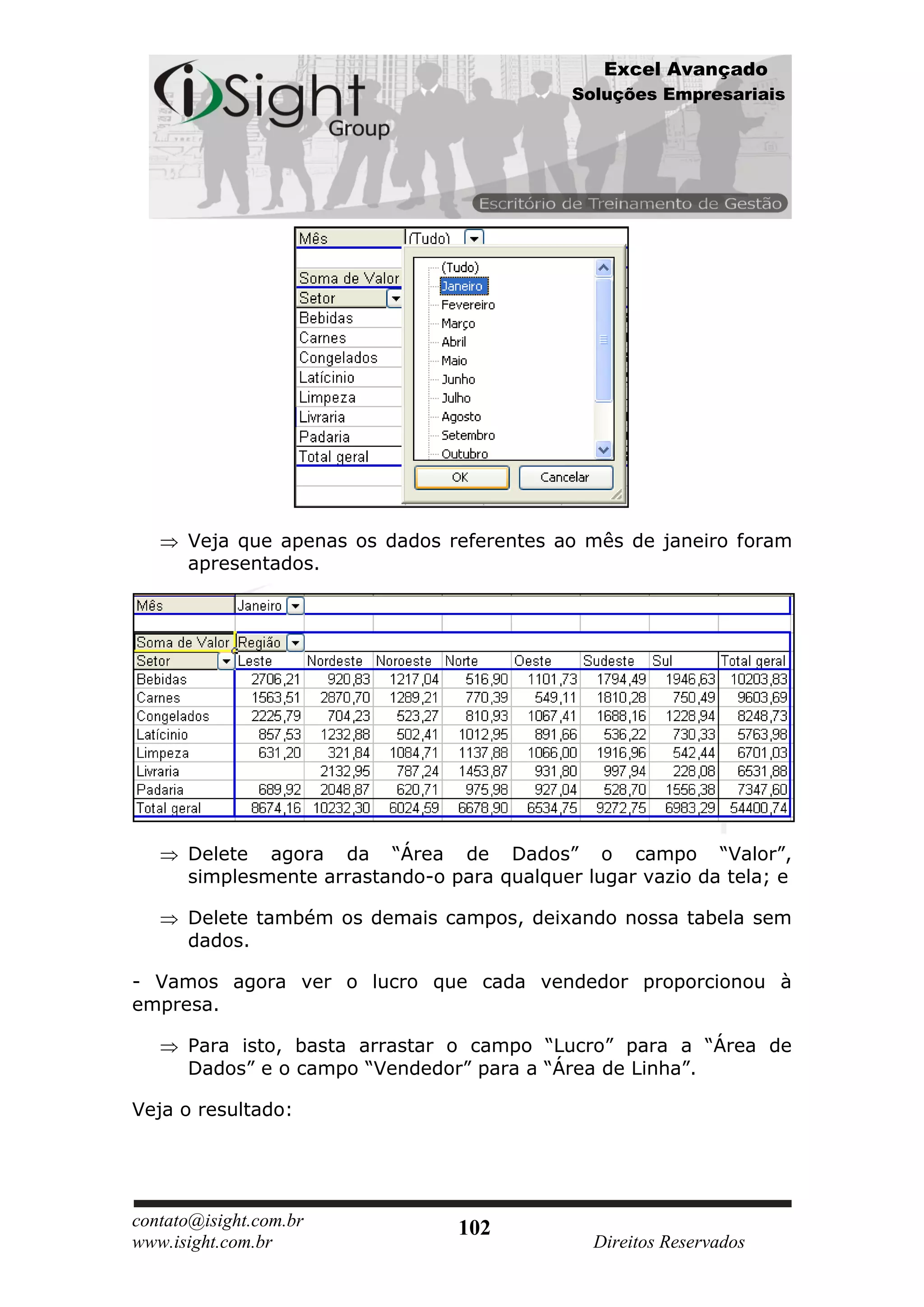 Excel Avançado
                                             Soluções Empresariais




      Veja que apenas os dados referentes ao mês de janeiro foram
      apresentados.




      Delete agora da “Área de Dados” o campo “Valor”,
      simplesmente arrastando-o para qualquer lugar vazio da tela; e

      Delete também os demais campos, deixando nossa tabela sem
      dados.

- Vamos agora ver o lucro que cada vendedor proporcionou à
empresa.

      Para isto, basta arrastar o campo “Lucro” para a “Área de
      Dados” e o campo “Vendedor” para a “Área de Linha”.

Veja o resultado:




contato@isight.com.br            102
www.isight.com.br                              Direitos Reservados
 