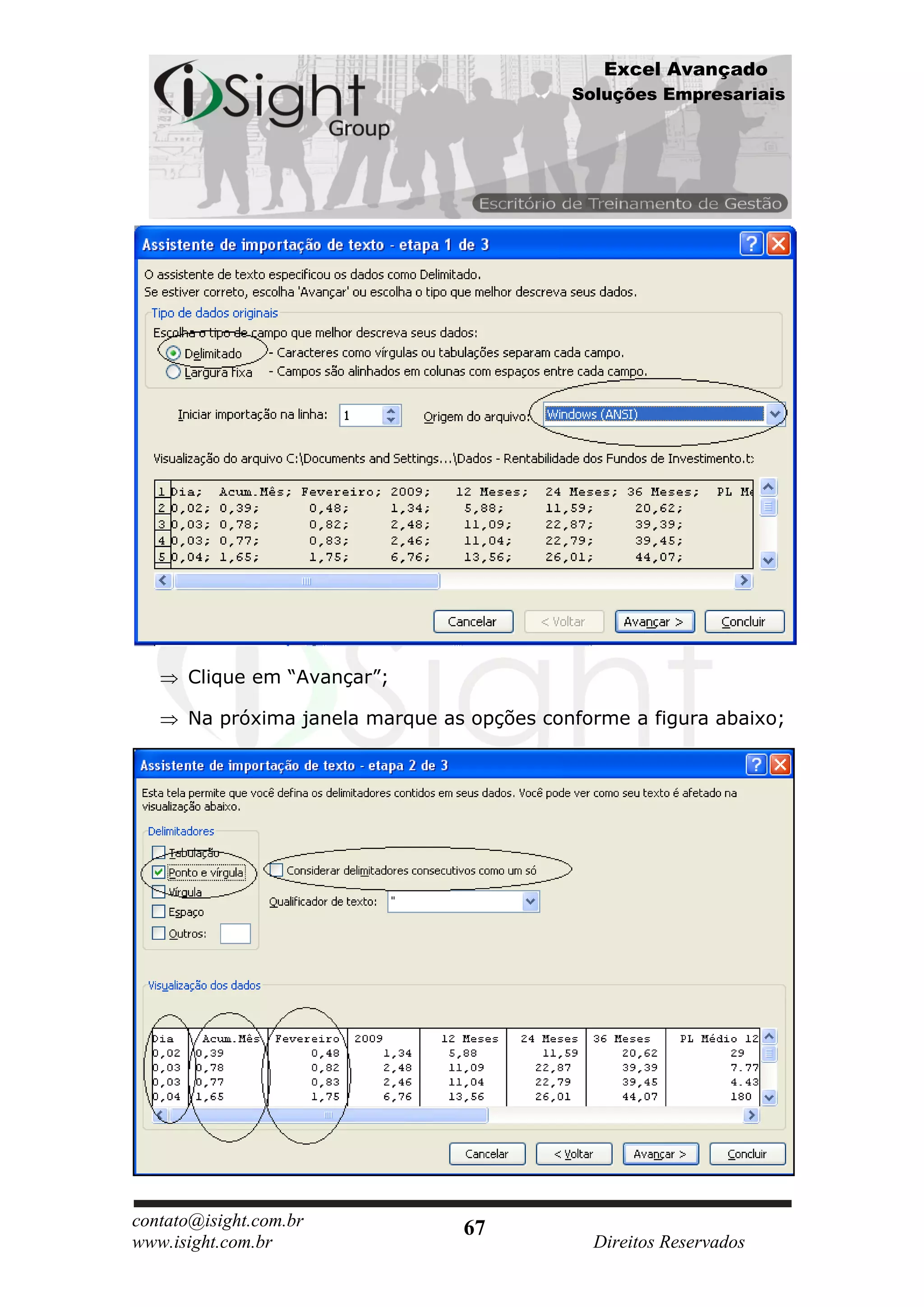 Excel Avançado
                                            Soluções Empresariais




      Clique em “Avançar”;

      Na próxima janela marque as opções conforme a figura abaixo;




contato@isight.com.br            67
www.isight.com.br                             Direitos Reservados
 