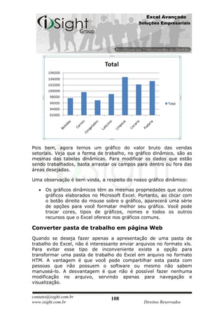 Excel Avançado
                                              Soluções Empresariais




Pois bem, agora temos um gráfico do valor bruto das vendas
setoriais. Veja que a forma de trabalho, no gráfico dinâmico, são as
mesmas das tabelas dinâmicas. Para modificar os dados que estão
sendo trabalhados, basta arrastar os campos para dentro ou fora das
áreas desejadas.

Uma observação é bem vinda, a respeito do nosso gráfico dinâmico:

      Os gráficos dinâmicos têm as mesmas propriedades que outros
      gráficos elaborados no Microsoft Excel. Portanto, ao clicar com
      o botão direito do mouse sobre o gráfico, aparecerá uma série
      de opções para você formatar melhor seu gráfico. Você pode
      trocar cores, tipos de gráficos, nomes e todos os outros
      recursos que o Excel oferece nos gráficos comuns.

Converter pasta de trabalho em página Web
Quando se deseja fazer apenas a apresentação de uma pasta de
trabalho do Excel, não é interessante enviar arquivos no formato xls.
Para evitar esse tipo de inconveniente existe a opção para
transformar uma pasta de trabalho do Excel em arquivo no formato
HTM. A vantagem é que você pode compartilhar esta pasta com
pessoas que não possuem o software ou mesmo não sabem
manuseá-lo. A desvantagem é que não é possível fazer nenhuma
modificação no arquivo, servindo apenas para navegação e
visualização.


contato@isight.com.br             108
www.isight.com.br                               Direitos Reservados
 