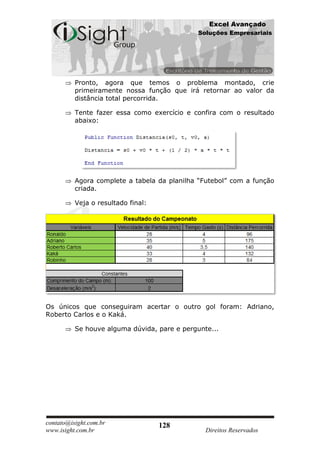 Excel Avançado
                                             Soluções Empresariais




          Pronto, agora que temos o problema montado, crie
          primeiramente nossa função que irá retornar ao valor da
          distância total percorrida.

          Tente fazer essa como exercício e confira com o resultado
          abaixo:




          Agora complete a tabela da planilha “Futebol” com a função
          criada.

          Veja o resultado final:




Os únicos que conseguiram acertar o outro gol foram: Adriano,
Roberto Carlos e o Kaká.

          Se houve alguma dúvida, pare e pergunte...




contato@isight.com.br               128
www.isight.com.br                               Direitos Reservados
 