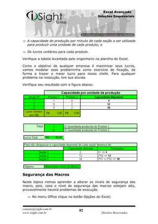 Excel Avançado
                                               Soluções Empresariais




   A capacidade de produção por minuto de cada seção a ser utilizada
   para produzir uma unidade de cada produto; e

   Os lucros unitários para cada produto.

Verifique a tabela levantada pelo engenheiro na planilha do Excel.

Como o objetivo de qualquer empresa é maximizar seus lucros,
vamos modelar esse probleminha como exercício de fixação, de
forma a trazer o maior lucro para nosso chefe. Para qualquer
problema na resolução, tire sua dúvida.

Verifique seu resultado com a figura abaixo.




Segurança das Macros
Neste tópico iremos aprender a alterar os níveis de segurança das
macro, pois, caso o nível de segurança das macros estejam alto,
provavelmente haverá problemas de execução.

      No menu Office clique no botão Opções do Excel;


contato@isight.com.br              82
www.isight.com.br                                Direitos Reservados
 