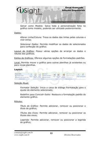 Excel Avançado
                                              Soluções Empresariais




      Salvar como Modelo: Salva toda a personalização feita no
      gráfico como modelo, podendo ser utilizada posteriormente.

Dados:

      Alterar Linha/Coluna: Troca os dados das linhas pelas colunas e
      vice-versa;

      Selecionar Dados: Permite modificar os dados de selecionados
      para confecção do gráfico.

Layout de Gráfico: Possui várias opções de arranjar os dados e
rótulos dos gráficos.

Estilos de Gráficos: Oferece algumas opções de formatações padrões.

Local: Permite mover o gráfico para outras planilhas já existentes ou
para novas planilhas.

Layout:




Seleção Atual:

      Formatar Seleção: Inicia a caixa de diálogo Formatação para o
      ajuste do elemento selecionado;

      Redefinir para Coincidir Estilo: Restaura a formatação padrão do
      elemento gráfico.

Rótulos:

      Título do Gráfico: Permite adicionar, remover ou posicionar o
      título do gráfico;

      Títulos dos Eixos: Permite adicionar, remover ou posicionar os
      títulos dos eixos;

      Legenda: Permite adicionar, remover ou posicionar a legenda
      do gráfico;




contato@isight.com.br              93
www.isight.com.br                                Direitos Reservados
 