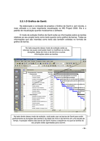 - 18 -
2.2.1.O Gráfico de Gantt:
Na elaboração e condução de projetos o Gráfico de Gantt é, sem dúvida, o
mais utilizado e a mais importante visualização no MS Project 2000. Ele é o
padrão de visualização quando incializamos o software.
O modo de exibição Gráfico de Gantt exibe as informações sobre as tarefas
relativas ao seu projeto tanto como texto quanto como gráfico de barras. Todas as
informações que são inseridas como texto são também exibidas no formato de
gráfico de barras.
No lado esquerdo desse modo de exibição estão as
colunas nas quais você pode inserir e modificar os nomes,
durações, datas de início e de término e outras
informações sobre as tarefas.
No lado direito desse modo de exibição, você pode usar as barras de Gantt para exibir
graficamente as durações das tarefas e as datas de início e de término em uma escala de
tempo. A posição relativa das barras de Gantt mostra a seqüência na qual as tarefas do
seu projeto estão agendadas para ocorrer.
 