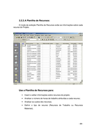 - 20 -
2.2.2.A Planilha de Recursos:
O modo de exibição Planilha de Recursos exibe as informações sobre cada
recurso do Projeto.
Use a Planilha de Recursos para:
• Inserir e editar informações sobre recursos do projeto;
• Analisar o número de horas de trabalho atribuídas a cada recurso;
• Analisar os custos dos recursos;
• Definir o tipo de recurso (Recursos de Trabalho ou Recursos
Materiais).
 
