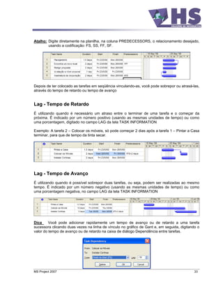 Atalho: Digite diretamente na planilha, na coluna PREDECESSORS, o relacionamento desejado,
        usando a codificação: FS, SS, FF, SF.




Depois de ter colocado as tarefas em seqüência vinculando-as, você pode sobrepor ou atrasá-las,
através do tempo de retardo ou tempo de avanço


Lag - Tempo de Retardo
É utilizando quando é necessário um atraso entre o terminar de uma tarefa e o começar da
próxima. É indicado por um número positivo (usando as mesmas unidades de tempo) ou como
uma porcentagem, digitado no campo LAG da tela TASK INFORMATION

Exemplo: A tarefa 2 Colocar os móveis, só pode começar 2 dias após a tarefa 1    Pintar a Casa
terminar, para que de tempo da tinta secar.




Lag - Tempo de Avanço
É utilizando quando é possível sobrepor duas tarefas, ou seja, podem ser realizadas ao mesmo
tempo. É indicado por um número negativo (usando as mesmas unidades de tempo) ou como
uma porcentagem negativa, no campo LAG da tela TASK INFORMATION




Dica     Você pode adicionar rapidamente um tempo de avanço ou de retardo a uma tarefa
sucessora clicando duas vezes na linha de vínculo no gráfico de Gant e, em seguida, digitando o
valor do tempo de avanço ou de retardo na caixa de diálogo Dependência entre tarefas.




MS Project 2007                                                                             33
 