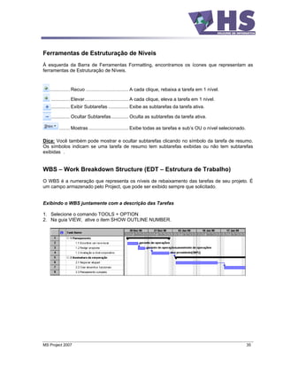 Ferramentas de Estruturação de Níveis
À esquerda da Barra de Ferramentas Formatting, encontramos os ícones que representam as
ferramentas de Estruturação de Níveis.


   ............... Recuo ................................ A cada clique, rebaixa a tarefa em 1 nível.

    .............. Elevar................................. A cada clique, eleva a tarefa em 1 nível.
    .............. Exibir Subtarefas ............... Exibe as subtarefas da tarefa ativa.

    .............. Ocultar Subtarefas............. Oculta as subtarefas da tarefa ativa.

        ........ Mostras .............................. Exibe todas as tarefas e sub s OU o nível selecionado.

Dica: Você também pode mostrar e ocultar subtarefas clicando no símbolo da tarefa de resumo.
Os símbolos indicam se uma tarefa de resumo tem subtarefas exibidas ou não tem subtarefas
exibidas .


WBS        Work Breakdown Structure (EDT                               Estrutura de Trabalho)
O WBS é a numeração que representa os níveis de rebaixamento das tarefas de seu projeto. É
um campo armazenado pelo Project, que pode ser exibido sempre que solicitado.


Exibindo o WBS juntamente com a descrição das Tarefas

1. Selecione o comando TOOLS + OPTION
2. Na guia VIEW, ative o item SHOW OUTLINE NUMBER.




MS Project 2007                                                                                                  35
 