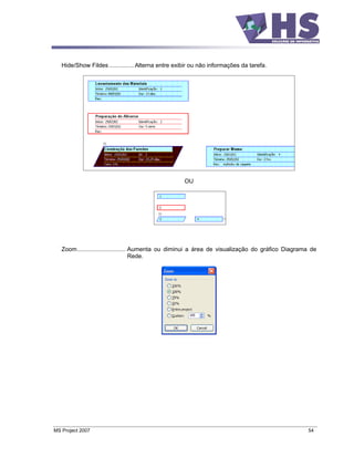 Hide/Show Fildes ............... Alterna entre exibir ou não informações da tarefa.




                                                    OU




   Zoom............................. Aumenta ou diminui a área de visualização do gráfico Diagrama de
                                     Rede.




MS Project 2007                                                                                  54
 