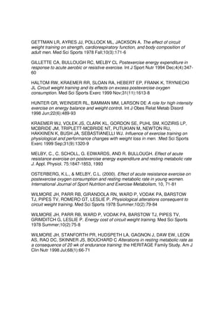 GETTMAN LR, AYRES JJ, POLLOCK ML, JACKSON A. The effect of circuit
weight training on strength, cardiorespiratory function, and body composition of
adult men. Med Sci Sports 1978 Fall;10(3):171-6
GILLETTE CA, BULLOUGH RC, MELBY CL Postexercise energy expenditure in
response to acute aerobic or resistive exercise. Int J Sport Nutr 1994 Dec;4(4):347-
60
HALTOM RW, KRAEMER RR, SLOAN RA, HEBERT EP, FRANK K, TRYNIECKI
JL Circuit weight training and its effects on excess postexercise oxygen
consumption. Med Sci Sports Exerc 1999 Nov;31(11):1613-8
HUNTER GR, WEINSIER RL, BAMMAN MM, LARSON DE A role for high intensity
exercise on energy balance and weight control. Int J Obes Relat Metab Disord
1998 Jun;22(6):489-93
KRAEMER WJ, VOLEK JS, CLARK KL, GORDON SE, PUHL SM, KOZIRIS LP,
MCBRIDE JM, TRIPLETT-MCBRIDE NT, PUTUKIAN M, NEWTON RU,
HAKKINEN K, BUSH JA, SEBASTIANELLI WJ. Influence of exercise training on
physiological and performance changes with weight loss in men. :Med Sci Sports
Exerc 1999 Sep;31(9):1320-9
MELBY, C., C. SCHOLL, G. EDWARDS, AND R. BULLOUGH. Effect of acute
resistance exercise on postexercise energy expenditure and resting metabolic rate
J. Appl. Physiol. 75:1847-1853, 1993
OSTERBERG, K.L., & MELBY, C.L. (2000). Effect of acute resistance exercise on
postexercise oxygen consumption and resting metabolic rate in young women.
International Journal of Sport Nutrition and Exercise Metabolism, 10, 71-81
WILMORE JH, PARR RB, GIRANDOLA RN, WARD P, VODAK PA, BARSTOW
TJ, PIPES TV, ROMERO GT, LESLIE P. Physiological alterations consequent to
circuit weight training. Med Sci Sports 1978 Summer;10(2):79-84
WILMORE JH, PARR RB, WARD P, VODAK PA, BARSTOW TJ, PIPES TV,
GRIMDITCH G, LESLIE P. Energy cost of circuit weight training. Med Sci Sports
1978 Summer;10(2):75-8
WILMORE JH, STANFORTH PR, HUDSPETH LA, GAGNON J, DAW EW, LEON
AS, RAO DC, SKINNER JS, BOUCHARD C Alterations in resting metabolic rate as
a consequence of 20 wk of endurance training: the HERITAGE Family Study. Am J
Clin Nutr 1998 Jul;68(1):66-71
 