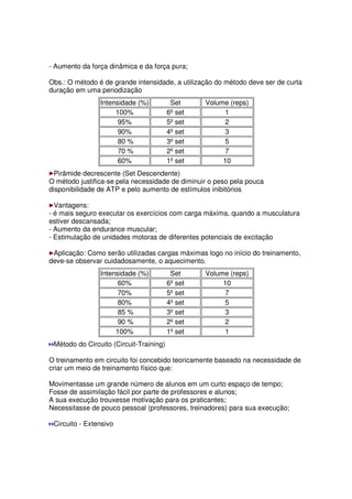 - Aumento da força dinâmica e da força pura;
Obs.: O método é de grande intensidade, a utilização do método deve ser de curta
duração em uma periodização
Intensidade (%) Set Volume (reps)
100% 6º set 1
95% 5º set 2
90% 4º set 3
80 % 3º set 5
70 % 2º set 7
60% 1º set 10
Pirâmide decrescente (Set Descendente)
O método justifica-se pela necessidade de diminuir o peso pela pouca
disponibilidade de ATP e pelo aumento de estímulos inibitórios
Vantagens:
- é mais seguro executar os exercícios com carga máxima, quando a musculatura
estiver descansada;
- Aumento da endurance muscular;
- Estimulação de unidades motoras de diferentes potenciais de excitação
Aplicação: Como serão utilizadas cargas máximas logo no início do treinamento,
deve-se observar cuidadosamente, o aquecimento.
Intensidade (%) Set Volume (reps)
60% 6º set 10
70% 5º set 7
80% 4º set 5
85 % 3º set 3
90 % 2º set 2
100% 1º set 1
Método do Circuito (Circuit-Training)
O treinamento em circuito foi concebido teoricamente baseado na necessidade de
criar um meio de treinamento físico que:
Movimentasse um grande número de alunos em um curto espaço de tempo;
Fosse de assimilação fácil por parte de professores e alunos;
A sua execução trouxesse motivação para os praticantes;
Necessitasse de pouco pessoal (professores, treinadores) para sua execução;
Circuito - Extensivo
 