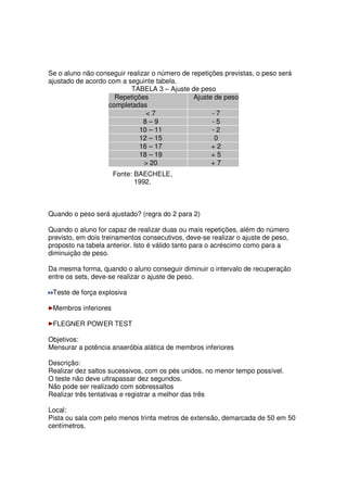 Se o aluno não conseguir realizar o número de repetições previstas, o peso será
ajustado de acordo com a seguinte tabela.
TABELA 3 – Ajuste de peso
Repetições
completadas
Ajuste de peso
 7 - 7
8 – 9 - 5
10 – 11 - 2
12 – 15 0
16 – 17 + 2
18 – 19 + 5
 20 + 7
Fonte: BAECHELE,
1992.
Quando o peso será ajustado? (regra do 2 para 2)
Quando o aluno for capaz de realizar duas ou mais repetições, além do número
previsto, em dois treinamentos consecutivos, deve-se realizar o ajuste de peso,
proposto na tabela anterior. Isto é válido tanto para o acréscimo como para a
diminuição de peso.
Da mesma forma, quando o aluno conseguir diminuir o intervalo de recuperação
entre os sets, deve-se realizar o ajuste de peso.
Teste de força explosiva
Membros inferiores
FLEGNER POWER TEST
Objetivos:
Mensurar a potência anaeróbia alática de membros inferiores
Descrição:
Realizar dez saltos sucessivos, com os pés unidos, no menor tempo possível.
O teste não deve ultrapassar dez segundos.
Não pode ser realizado com sobressaltos
Realizar três tentativas e registrar a melhor das três
Local:
Pista ou sala com pelo menos trinta metros de extensão, demarcada de 50 em 50
centímetros.
 