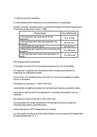 1) o tipo de exercício realizado;
2) a quantidade de CH dietéticos consumida durante a recuperação.
Quadro: O tempo necessário para a conclusão de alguns processos bioquímicos
no período de descanso (Volkov, 1986).
PROCESSOS RECUPERAÇÃO
Recuperação das reservas de O2 do
organismo
10 a 15 seg.
Recuperação das reservas anaeróbio nos
músculos
02 a 05 min.
Eliminação do ácido lático 30 a 90 min.
Ressíntese das reservas intra-musculares de
glicogênio
12 a 48 horas
Recuperação das reservas de glicogênio no
fígado
12 a 48 horas
Correlação entre os Sistemas
A duração do exercício é inversamente proporcional à sua intensidade
Em repouso, o organismo só necessita produzir energia para atender às
exigências do metabolismo basal.
Ao se iniciar uma atividade física, aumenta-se o consumo energético e podem
ocorrer 3 situações:
O esforço é extenuante ( 100% VO2 máx):
a demanda energética só poderá ser atendida pelo sistema anaeróbio alático;
quando as reservas de CP se depletarem, a atividade não poderá mais ser
realizada.
O esforço é intenso (entre 85 a 100% VO2 máx):
a quantidade de energia necessária à consecução do exercício pode ser
fornecida pelo sistema anaeróbio lático;
este ressintetiza a ATP indispensável ao esforço;
a intoxicação do meio pelo ácido lático impedirá a continuação da atividade além
de aproximadamente 1h ½ .
 