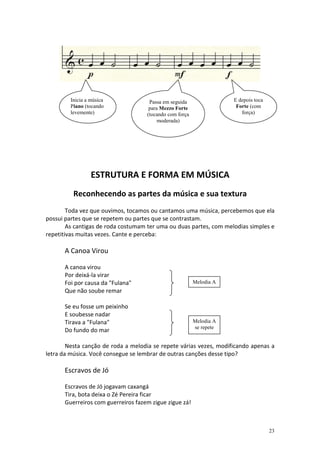 Inicia a música             Passa em seguida                E depois toca
         Piano (tocando              para Mezzo Forte                 Forte (com
         levemente)                 (tocando com força                  força)
                                         moderada)




                  ESTRUTURA E FORMA EM MÚSICA
          Reconhecendo as partes da música e sua textura
        Toda vez que ouvimos, tocamos ou cantamos uma música, percebemos que ela
possui partes que se repetem ou partes que se contrastam.
        As cantigas de roda costumam ter uma ou duas partes, com melodias simples e
repetitivas muitas vezes. Cante e perceba:

      A Canoa Virou

      A canoa virou
      Por deixá-la virar
      Foi por causa da "Fulana"                          Melodia A
      Que não soube remar

      Se eu fosse um peixinho
      E soubesse nadar
      Tirava a "Fulana"                                  Melodia A
                                                         se repete
      Do fundo do mar

        Nesta canção de roda a melodia se repete várias vezes, modificando apenas a
letra da música. Você consegue se lembrar de outras canções desse tipo?

      Escravos de Jó

      Escravos de Jó jogavam caxangá
      Tira, bota deixa o Zé Pereira ficar
      Guerreiros com guerreiros fazem zigue zigue zá!



                                                                                     23
 