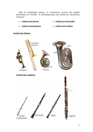 Além da classificação anterior, os instrumentos musicais são também
  classificados em “famílias”. A classificação geral das famílias de instrumentos
  musicais é:

     •   FAMÍLIA DOS METAIS                    •   FAMÍLIA DA PERCUSSÃO

     •   FAMÍLIA DAS MADEIRAS                  •   FAMÍLIA DAS CORDAS


Família dos Metais




  Família das madeiras




                                                                               37
 