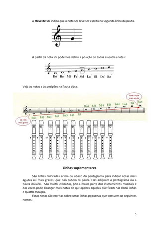 A clave de sol indica que a nota sol deve ser escrita na segunda linha da pauta.




       A partir da nota sol podemos definir a posição de todas as outras notas:




Veja as notas e as posições na flauta doce.




                               Linhas suplementares

       São linhas colocadas acima ou abaixo do pentagrama para indicar notas mais
agudas ou mais graves, que não cabem na pauta. Elas ampliam o pentagrama ou a
pauta musical. São muito utilizadas, pois a maior parte dos instrumentos musicais e
das vozes pode alcançar mais notas do que apenas aquelas que ficam nas cinco linhas
e quatro espaços.
       Essas notas são escritas sobre umas linhas pequenas que possuem os seguintes
nomes:



                                                                                          5
 