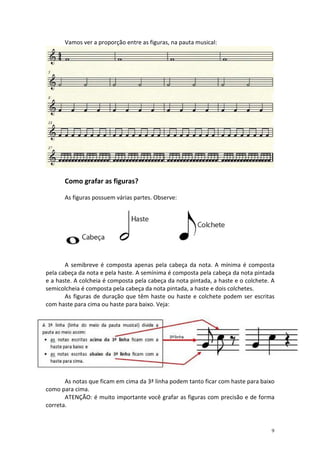 Vamos ver a proporção entre as figuras, na pauta musical:




       Como grafar as figuras?

       As figuras possuem várias partes. Observe:




       A semibreve é composta apenas pela cabeça da nota. A mínima é composta
pela cabeça da nota e pela haste. A semínima é composta pela cabeça da nota pintada
e a haste. A colcheia é composta pela cabeça da nota pintada, a haste e o colchete. A
semicolcheia é composta pela cabeça da nota pintada, a haste e dois colchetes.
       As figuras de duração que têm haste ou haste e colchete podem ser escritas
com haste para cima ou haste para baixo. Veja:




       As notas que ficam em cima da 3ª linha podem tanto ficar com haste para baixo
como para cima.
       ATENÇÃO: é muito importante você grafar as figuras com precisão e de forma
correta.


                                                                                   9
 