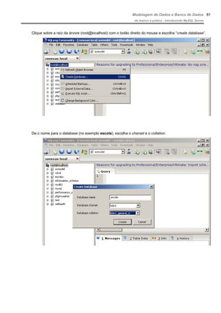 Modelagem de Dados e Banco de Dados
do teórico à prática - introduzindo MySQL Server
Clique sobre a raíz da árvore (root@localhost) com o botão direito do mouse e escolha “create database”.
De o nome para o database (no exemplo escola), escolha o charset e o collation.
81
 
