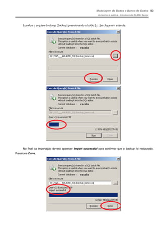 Modelagem de Dados e Banco de Dados
do teórico à prática - introduzindo MySQL Server
Localize o arquivo do dump (backup) pressionando o botão […] e clique em execute.
No final da importação deverá aparecer Import successful para confirmar que o backup foi restaurado.
Pressione Done.
83
 