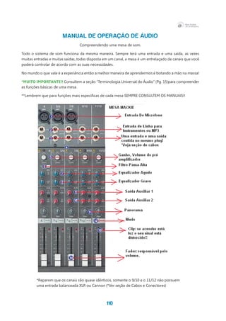 110
MANUAL DE OPERAÇÃO DE ÁUDIO
Compreendendo uma mesa de som.
Todo o sistema de som funciona da mesma maneira. Sempre terá uma entrada e uma saída, as vezes
muitas entradas e muitas saídas, todas disposta em um canal, a mesa é um entrelaçado de canais que você
poderá controlar de acordo com as suas necessidades.
No mundo o que vale é a experiência então a melhor maneira de aprendermos é botando a mão na massa!
*MUITO IMPORTANTE!! Consultem a seção “Terminologia Universal do Áudio” (Pg. 15)para compreender
as funções básicas de uma mesa.
**Lembrem que para funções mais específicas de cada mesa SEMPRE CONSULTEM OS MANUAIS!!
*Reparem que os canais são quase idênticos, somente o 9/10 e o 11/12 não possuem
uma entrada balanceada XLR ou Cannon (*Ver seção de Cabos e Conectores)
 