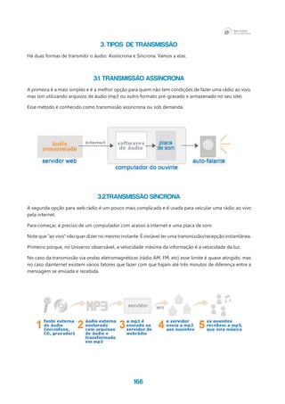 166
3. Tipos de Transmissão
Há duas formas de transmitir o áudio: Assíncrona e Síncrona. Vamos a elas.
3.1. Transmissão Assíncrona
A primeira é a mais simples e é a melhor opção para quem não tem condições de fazer uma rádio ao vivo,
mas sim utilizando arquivos de áudio (mp3 ou outro formato pré-gravado e armazenado no seu site).
Esse método é conhecido como transmissão assíncrona ou sob demanda.
3.2.Transmissão Síncrona
A segunda opção para web rádio é um pouco mais complicada e é usada para veicular uma rádio ao vivo
pela internet.	
Para começar, é preciso de um computador com acesso à internet e uma placa de som.
Note que “ao vivo” não quer dizer no mesmo instante. É inviável ter uma transmissão/recepção instantânea.
Primeiro porque, no Universo observável, a velocidade máxima da informação é a velocidade da luz.
No caso da transmissão via ondas eletromagnéticas (rádio AM, FM, etc) esse limite é quase atingido, mas
no caso dainternet existem vários fatores que fazer com que hajam até três minutos de diferença entre a
mensagem se enviada e recebida.
 