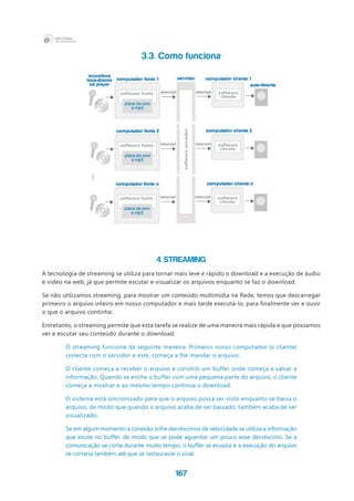 167
3.3. Como funciona
4. Streaming
A tecnologia de streaming se utiliza para tornar mais leve e rápido o download e a execução de áudio
e vídeo na web, já que permite escutar e visualizar os arquivos enquanto se faz o download.
Se não utilizamos streaming, para mostrar um conteúdo multimídia na Rede, temos que descarregar
primeiro o arquivo inteiro em nosso computador e mais tarde executá-lo, para finalmente ver e ouvir
o que o arquivo continha.
Entretanto, o streaming permite que esta tarefa se realize de uma maneira mais rápida e que possamos
ver e escutar seu conteúdo durante o download.	 	 	 	
O streaming funciona da seguinte maneira. Primeiro nosso computador (o cliente)
conecta com o servidor e este, começa a lhe mandar o arquivo.
O cliente começa a receber o arquivo e constrói um buffer onde começa a salvar a
informação. Quando se enche o buffer com uma pequena parte do arquivo, o cliente
começa a mostrar e ao mesmo tempo continua o download.			
O sistema está sincronizado para que o arquivo possa ser visto enquanto se baixa o
arquivo, de modo que quando o arquivo acaba de ser baixado, também acaba de ser
visualizado.		
Se em algum momento a conexão sofre decréscimos de velocidade se utiliza a informação
que existe no buffer, de modo que se pode aguentar um pouco esse decréscimo. Se a
comunicação se corta durante muito tempo, o buffer se esvazia e a execução do arquivo
se cortaria também até que se restaurasse o sinal.
 