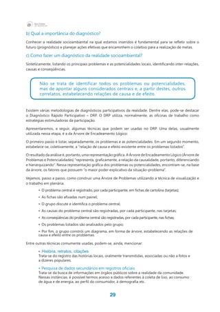 29
b) Qual a importância do diagnóstico?
Conhecer a realidade socioambiental na qual estamos inseridos é fundamental para se refletir sobre o
futuro (prognóstico) e planejar ações efetivas que encaminhem o coletivo para a realização de metas.
c) Como fazer um diagnóstico da realidade socioambiental?
Sinteticamente, listando os principais problemas e as potencialidades locais, identificando inter-relações,
causas e conseqüências.
Não se trata de identificar todos os problemas ou potencialidades,
mas de apontar alguns considerados centrais e, a partir destes, outros
correlatos, estabelecendo relações de causa e de efeito.
Existem várias metodologias de diagnósticos participativos da realidade. Dentre elas, pode-se destacar
o Diagnóstico Rápido Participativo – DRP. O DRP utiliza, normalmente, as oficinas de trabalho como
estratégias estimuladoras da participação.
Apresentaremos, a seguir, algumas técnicas que podem ser usadas no DRP. Uma delas, usualmente
utilizada nessa etapa, é a da Árvore de Encadeamento Lógico:
O primeiro passo é listar, separadamente, os problemas e as potencialidades. Em um segundo momento,
estabelece-se, coletivamente, a “relação de causa e efeito existente entre os problemas listados”.
O resultado da análise é, portanto, uma representação gráfica. A Árvore de Encadeamento Lógico (Árvore de
Problemas e Potencialidades) “representa, graficamente, a relação da causalidade, portanto, diferenciando
e hierarquizando”. Nessa representação gráfica dos problemas ou potencialidades, encontram-se, na base
da árvore, os fatores que possuem “o maior poder explicativo da situação-problema”.
Vejamos, passo a passo, como construir uma Árvore de Problemas utilizando a técnica de visualização e
o trabalho em plenária.
•	 O problema central é registrado, por cada participante, em fichas de cartolina (tarjetas);
•	 As fichas são afixadas num painel;
•	 O grupo discute e identifica o problema central;
•	 As causas do problema central são registradas, por cada participante, nas tarjetas;
•	 As conseqüências do problema central são registradas, por cada participante, nas fichas;
•	 Os problemas listados são analisados pelo grupo;
•	 Por fim, o grupo constrói um diagrama, em forma de árvore, estabelecendo as relações de
causa e efeito entre os problemas.
Entre outras técnicas comumente usadas, podem-se, ainda, mencionar:
•	 História, retratos, citações
Trata-se do registro das histórias locais, oralmente transmitidas, associadas ou não a fotos e
a dizeres populares.
•	Pesquisa de dados secundários em registros oficiais
Trata-se da busca de informações em órgãos públicos sobre a realidade da comunidade.
Nessas instâncias, é possível termos acesso a dados referentes à coleta de lixo, ao consumo
de água e de energia, ao perfil do consumidor, à demografia etc.
 