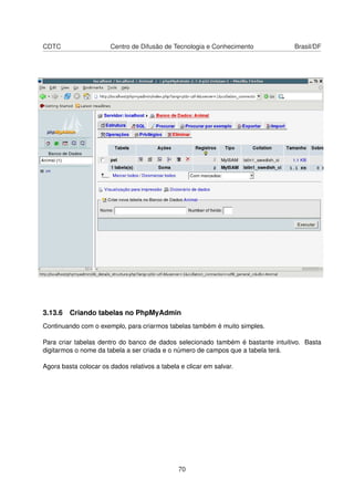 CDTC Centro de Difusão de Tecnologia e Conhecimento Brasil/DF
3.13.6 Criando tabelas no PhpMyAdmin
Continuando com o exemplo, para criarmos tabelas também é muito simples.
Para criar tabelas dentro do banco de dados selecionado também é bastante intuitivo. Basta
digitarmos o nome da tabela a ser criada e o número de campos que a tabela terá.
Agora basta colocar os dados relativos a tabela e clicar em salvar.
70
 