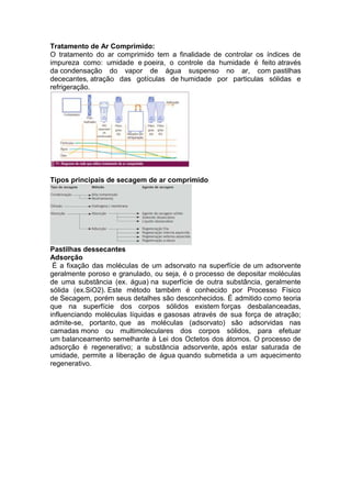 Tratamento de Ar Comprimido:
O tratamento do ar comprimido tem a finalidade de controlar os índices de
impureza como: umidade e poeira, o controle da humidade é feito através
da condensação do vapor de água suspenso no ar, com pastilhas
dececantes, atração das gotículas de humidade por particulas sólidas e
refrigeração.
Tipos principais de secagem de ar comprimido
Pastilhas dessecantes
Adsorção
É a fixação das moléculas de um adsorvato na superfície de um adsorvente
geralmente poroso e granulado, ou seja, é o processo de depositar moléculas
de uma substância (ex. água) na superfície de outra substância, geralmente
sólida (ex.SiO2). Este método também é conhecido por Processo Físico
de Secagem, porém seus detalhes são desconhecidos. É admitido como teoria
que na superfície dos corpos sólidos existem forças desbalanceadas,
influenciando moléculas líquidas e gasosas através de sua força de atração;
admite-se, portanto, que as moléculas (adsorvato) são adsorvidas nas
camadas mono ou multimoleculares dos corpos sólidos, para efetuar
um balanceamento semelhante à Lei dos Octetos dos átomos. O processo de
adsorção é regenerativo; a substância adsorvente, após estar saturada de
umidade, permite a liberação de água quando submetida a um aquecimento
regenerativo.
 