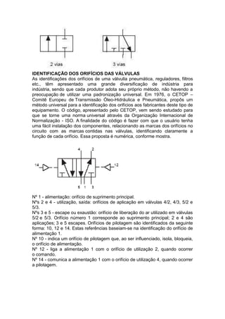 IDENTIFICAÇÃO DOS ORIFÍCIOS DAS VÁLVULAS
As identificações dos orifícios de uma válvulla pneumática, reguladores, filtros
etc., têm apresentado uma grande diversificação de indústria para
indústria, sendo que cada produtor adota seu próprio método, não havendo a
preocupação de utilizar uma padronização universal. Em 1976, o CETOP –
Comitê Europeu de Transmissão Óleo-Hidráulica e Pneumática, propôs um
método universal para a identificação dos orifícios aos fabricantes deste tipo de
equipamento. O código, apresentado pelo CETOP, vem sendo estudado para
que se torne uma norma universal através da Organização Internacional de
Normalização - ISO. A finalidade do código é fazer com que o usuário tenha
uma fácil instalação dos componentes, relacionando as marcas dos orifícios no
circuito com as marcas contidas nas válvulas, identificando claramente a
função de cada orifício. Essa proposta é numérica, conforme mostra.
Nº 1 - alimentação: orifício de suprimento principal.
Nºs 2 e 4 - utilização, saída: orifícios de aplicação em válvulas 4/2, 4/3, 5/2 e
5/3.
Nºs 3 e 5 - escape ou exaustão: orifício de liberação do ar utilizado em válvulas
5/2 e 5/3. Orifício número 1 corresponde ao suprimento principal; 2 e 4 são
aplicações; 3 e 5 escapes. Orifícios de pilotagem são identificados da seguinte
forma: 10, 12 e 14. Estas referências baseiam-se na identificação do orifício de
alimentação 1.
Nº 10 - indica um orifício de pilotagem que, ao ser influenciado, isola, bloqueia,
o orifício de alimentação.
Nº 12 - liga a alimentação 1 com o orifício de utilização 2, quando ocorrer
o comando.
Nº 14 - comunica a alimentação 1 com o orifício de utilização 4, quando ocorrer
a pilotagem.
 
