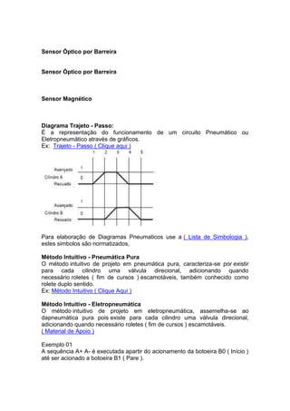 Sensor Óptico por Barreira
Sensor Óptico por Barreira
Sensor Magnético
Diagrama Trajeto - Passo:
É a representação do funcionamento de um circuito Pneumático ou
Eletropneumático através de gráficos.
Ex: Trajeto - Passo ( Clique aqui )
Para elaboração de Diagramas Pneumaticos use a ( Lista de Simbologia ),
estes simbolos são normatizados,
Método Intuitivo - Pneumática Pura
O método intuitivo de projeto em pneumática pura, caracteriza-se por existir
para cada cilindro uma válvula direcional, adicionando quando
necessário roletes ( fim de cursos ) escamotáveis, também conhecido como
rolete duplo sentido.
Ex: Método Intuitivo ( Clique Aqui )
Método Intuitivo - Eletropneumática
O método intuitivo de projeto em eletropneumática, assemelha-se ao
dapneumática pura pois existe para cada cilindro uma válvula direcional,
adicionando quando necessário roletes ( fim de cursos ) escamotáveis.
( Material de Apoio )
Exemplo 01
A sequência A+ A- é executada apartir do acionamento da botoeira B0 ( Início )
até ser acionado a botoeira B1 ( Pare ).
 