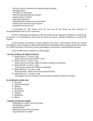 - Atrasos crônicos, problemas de administração de tempo
- Desorganização
- Tendência ao adiamento
- Falta de disponibilidade de emoções
- Interpretações errôneas
- Falhas de julgamento
- Dificuldade de aprender com a experiência
- Problemas de memória de curto prazo
- Ansiedade social e de teste
A desativação do CPF muitas vezes faz com que dê um branco em uma conversa. A
incompatibilidade entre casais é outro fato.
O DDA é a disfunção neurológica no CPF, por deficiência de Dopamina. Problemas no CPF levam
as pessoas a se arrependerem mais tarde de coisas que fazem, exibindo problemas no controle de
impulso.
A raiva, tumulto emocional e emoção negativa como auto – estimulação é danoso ao sistema
imunológico. Altas dosagens de Adrenalina (Epinefrina) produzidas pelo comportamento direcionado
ao conflito diminuem a eficácia do sistema imunológico e aumentam a vulnerabilidade à doença.
Casos de DDA fazem conexão com a fibromialgia.
√ Os Cinco Padrões de Ondas Cerebrais
1 – Ondas Delta (1 – 4 ciclos / seg)
Muito lentas. Ocorrem durante o sono
2 – Ondas Teta (5 – 7 ciclos / seg)
Lentas. Ocorrem durante sonhar acordado, relaxação e devaneios.
3 – Ondas Alfa (8 – 12 ciclos / seg)
Ocorrem em estados de relaxação e meditação
4 – Ondas RSM (12 – 15 ciclos / seg)
Ritmo Sensório – Motor. Ocorre na relaxação focada
5 – Ondas Beta (13 – 24 ciclos / seg)
São rápidas. Ocorrem durante a concentração ou estados mentais de trabalho
As medicações usadas são:
1 – Desoxyn
2 – Cylert (Permolina)
3 – Ritalina
4 – Dexedrina
5 – Norpramim
6 – Tofranil
7 – Wellbutrin
8 – Efexor
√ Funções do Sistema Cíngulo
- Habilidade de mudar o foco da atenção
- Flexibilidade cognitiva
- Adaptabilidade
- Mudança de uma idéia para outra
- Capacidade de ver opções
14
 