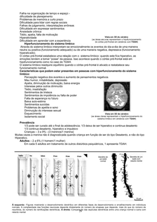 29
Falha na organização de tempo e espaço -
dificuldade de planejamento
Problemas de memória a curto prazo
Dificuldade para lidar com regras sociais
Falhas de julgamento, interpretações errôneas
Dificuldade em expressar sentimentos
Ansiedade crônica
Tédio, apatia, falta de motivação
Hiperatividade
Dificuldade em aprender com a experiência
Hiperfuncionamento do sistema límbico
Através do sistema límbico interpretam-se emocionalmente os eventos do dia-a-dia de uma maneira
neutra ou positiva (funcionamento adequado) ou de uma maneira negativa, depressiva (funcionamento
hiperativado).
O córtex pré-frontal estabelece uma relação com o sistema límbico: quando este fica hiperativo, as
emoções tendem a tomar “posse” da pessoa. Isso acontece quando o córtex pré-frontal está em
hipofuncionamento como no caso do TDAH.
O sistema límbico readquire equilíbrio quando o córtex pré-frontal é ativado e restabelece seu
funcionamento normal.
Características que podem estar presentes em pessoas com hiperfuncionamento do sistema
límbico:
Percepção negativa dos eventos e aumento de pensamentos negativos
Mau humor, irritabilidade, depressão
Apatia, diminuição de motivação, baixa energia
Interesse pelos outros diminuído
Tédio, insatisfação
Sentimentos de tristeza
Sentimentos de impotência ou falta de poder
Falta de esperança no futuro
Baixa auto-estima
Sentimentos suicidas
Problemas de apetite e sono
Diminuição do interesse sexual
Esquecimento
Isolamento social
Prevalência
1/3 pode ser curado até o final da adolescência; 1/3 deixa de ser hiperativo e continua desatento
1/3 continua desatento, hiperativo e impulsivo
Crianças – 3 a 9% - (3 meninos/1 menina)
Muitas vezes a menina não é diagnosticada quando criança em função de ser do tipo Desatento, e não do tipo
Hiperativo.
Adultos – 2 a 6% (1 homem/1 mulher)
Em cada 5 adultos em tratamento de outros distúrbios psiquiátricos, 1 apresenta TDAH.
À esquerda:- Figuras mostrando o desenvolvimento dendrítico em diferentes fases de desenvolvimento e envelhecimento em indivíduos
normais. A complexidade das funções neuronais depende diretamente do número de sinapses que depende, mais do que do número de
neurônios, do número de ramificações dendríticas. À direita: Comparação das espículas dendríticas entre uma criança normal e outra com
retardo mental
Vista em 3D do cérebro
(as áreas escuras representam o hipofuncionamento
do córtex pré-frontal em cérebros com TDAH)
Vista em 3D do cérebro
(as áreas claras representam o hiperfuncionamento do
sistema límbico em cérebros com TDAH)
 