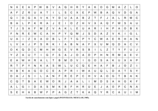 N X E A P W B V A Q H R Y A K O G M A Z L O
A F Z R U A T I L S C X E P W B A Q V D G A
Q I O G A V K Y D U A A B Z T F J A L R M C
B A L P K R A J E I O Z H V X A Q F W S A U
T J S A F M Z V A K L E U A R I H P A O B X
F N R E W C A H P Y Q M J S D A Z V K I G L
U A I Z X A O B L F T G P Y C W A E R H A N
L V A J P S R K I A B N A F X U M Q D A C V
O K Q D C M H W G E V R S B I L Z T Y F U J
Y Z A U T I G F S A J O A D P H N R M A E V
E A W H R A L T B M D V I G O S A K U X A P
R T P Y N K A S W L U C Q E H A F B J O Z I
H B K A G O C E A P R I W A U Q L D A T S Y
D A J S I L A N F R E P C H V A O G T B A K
C Q T B A E W O R J A A L I M D S A H G K F
A L G I D A S M K B F H R U E J A O P C N A
S E H A B W F P A G Z T K A Q Y R C A U I M
Tarefa de cancelamento com lápis e papel (WEINTRAUB e MESULAM, 1985).
 