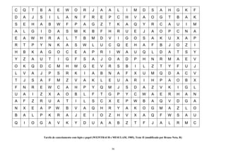 36
C Q T B A E W O R J A A L I M D S A H G K F
D A J S I L A N F R E P C H V A O G T B A K
S E H A B W F P A G Z T K A Q Y R C A U I M
A L G I D A S M K B F H R U E J A O P C N A
E A W H R A L T B M D V I G O S A K U X A P
R T P Y N K A S W L U C Q E H A F B J O Z I
H B K A G O C E A P R I W A U Q L D A T S Y
Y Z A U T I G F S A J O A D P H N R M A E V
O K Q D C M H W G E V R S B I L Z T Y F U J
L V A J P S R K I A B N A F X U M Q D A C V
T J S A F M Z V A K L E U A R I H P A O B X
F N R E W C A H P Y Q M J S D A Z V K I G L
U A I Z X A O B L F T G P Y C W A E R H A N
A F Z R U A T I L S C X E P W B A Q V D G A
N X E A P W B V A Q H R Y A K O G M A Z L O
B A L P K R A J E I O Z H V X A Q F W S A U
Q I O G A V K Y D U A A B Z T F J A L R M C
Tarefa de cancelamento com lápis e papel (WEINTRAUB e MESULAM, 1985). Teste II (modificado por Bruno-Neto, R)
 