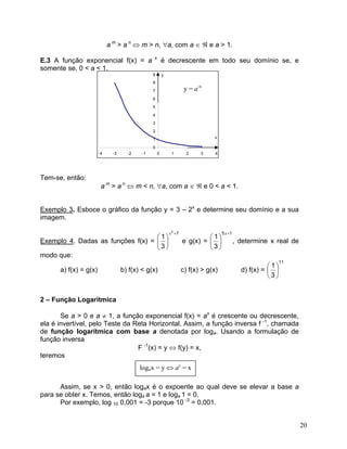 a m > a n ⇔ m > n, ∀a, com a ∈ ℜ e a > 1. 
E.3 A função exponencial f(x) = a x é decrescente em todo seu domínio se, e somente se, 0 < a < 1. y 
= 2^-x 
0123456789-4-3-2-101234xyy = a-x 
Tem-se, então: 
a m > a n ⇔ m < n, ∀a, com a ∈ ℜ e 0 < a < 1. 
Exemplo 3. Esboce o gráfico da função y = 3 – 2x e determine seu domínio e a sua imagem. 
Exemplo 4. Dadas as funções f(x) = 7231+ ⎟⎠ ⎞ ⎜⎝ ⎛x e g(x) = 1531+ ⎟⎠ ⎞ ⎜⎝⎛x, determine x real de modo que: 
a) f(x) = g(x) b) f(x) < g(x) c) f(x) > g(x) d) f(x) = 1131⎟⎠ ⎞ ⎜⎝ ⎛ 
2 – Função Logarítmica 
Se a > 0 e a ≠ 1, a função exponencial f(x) = ax é crescente ou decrescente, ela é invertível, pelo Teste da Reta Horizontal. Assim, a função inversa f -1, chamada de função logarítmica com base a denotada por loga. Usando a formulação de função inversa 
F -1(x) = y ⇔ f(y) = x, 
teremos 
logax = y ⇔ ay = x 
Assim, se x > 0, então logax é o expoente ao qual deve se elevar a base a para se obter x. Temos, então loga a = 1 e loga 1 = 0. 
Por exemplo, log 10 0,001 = -3 porque 10 -3 = 0,001. 
20 
 