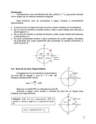 Construção 
Consideremos uma circunferência de raio unitário (r = 1), cujo centro coincida com a origem de um sistema cartesiano ortogonal. 
Essa estrutura, com as convenções a seguir, constitui a circunferência trigonométrica. 
• 
O ponto A(1,0) é a origem de todos os arcos a serem medidos na circunferência. 
• 
Se um arco for medido no sentido horário, então a essa medida será atribuído o sinal negativo (–). 
• 
Se um arco for medido no sentido anti-horário, então a essa medida será atribuído o sinal positivo (+). 
• 
Os eixos coordenados dividem o plano cartesiano em quatro regiões, chamadas de quadrantes (Q); esses quadrantes são numeradas no sentido anti-horário, a partir do ponto A. ⊕ • • • • II Q– IQIIIQIVQOorigem dos arcos Axy 
3.8 – Seno de um Arco Trigonométrico 
Consideremos na circunferência trigonométrica um arco AM de medida α, com 0° < α < 90°. No triângulo retângulo OMP, temos: 
sen α = 1MP = MP 
Note que a medida MP é a ordenada do ponto M. 
1 M(α) P • O Axy α 
Veremos a seguir, como ampliar o conceito de seno de um ângulo para qualquer arco trigonométrico. 
31 
 