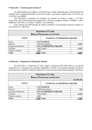 5ª Operação – Venda de parte do Imóvel

       Os administradores da empresa, verificando que o prédio adquirido para o funcionamento da
entidade estava superdimensionado, resolveram vender o pavimento superior para o Sr. Silva, em
23.02.20x1, por R$600.
       Para formalizar a transação, foi assinados um contrato de compra e venda, e o Sr Silva
emitiu duas Notas Promissórias para representar o direito da empresa receber os R$600, a saber:
R$400 em 10.03.20x1 e o restante – R$200 – em 10.04.20x1.
       Esses direitos são denominados de Títulos a Receber. Essa operação ocasionou redução no
Ativo Imóveis e o BP ficou:

                                   Eletrônica ET Ltda.
                            Balanço Patrimonial em 23.02.20x1
                ATIVO                             PASSIVO e PATRIMÔNIO LÍQUIDO
Caixa                             2.600   PASSIVO
Imóveis                             600   Fornecedores                                  2.000
Estoque de Materiais              2.000   PATRIMÔNIO LÍQUIDO
Veículos                            200   Capital                                       4.000
Títulos a receber                   600
Total                             6.000   Total                                         6.000



6ª Operação – Pagamento de Obrigação (dívida)

       Em 05.03.20x1, a Eletrônica ET Ltda. pagou a parcela de R$1.300 relativa à sua dívida
assumida com o fornecedor dos materiais adquiridos em 05/02. Esta operação diminuiu o Passivo
(Fornecedores) e também o dinheiro disponível (Caixa). Em decorrência dessa operação o BP ficou:

                                   Eletrônica ET Ltda.
                            Balanço Patrimonial em 05.03.20x1
                                                                                   Em R$ mil
                ATIVO                             PASSIVO e PATRIMÔNIO LÍQUIDO
Caixa                             1.300   PASSIVO
Imóveis                             600   Fornecedores                                    700
Estoque de Materiais              2.000   PATRIMÔNIO LÍQUIDO
Veículos                            200   Capital                                       4.000
Títulos a receber                   600
Total                             4.700   Total                                         4.700
 