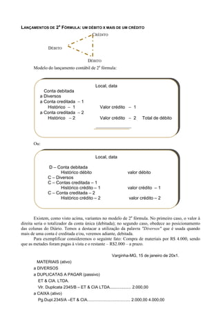 LANÇAMENTOS DE 2a FÓRMULA: UM DÉBITO X MAIS DE UM CRÉDITO
                                           CRÉDITO


               DÉBITO

                                        DÉBITO
      Modelo do lançamento contábil de 2a fórmula:



                                             Local, data
            Conta debitada
          a Diversos
          a Conta creditada − 1
              Histórico − 1                     Valor crédito − 1
          a Conta creditada − 2
              Histórico − 2                     Valor crédito − 2         Total de débito




      Ou:


                                             Local, data

               D – Conta debitada
                     Histórico débito                            valor débito
               C – Diversos
               C – Contas creditada – 1
                     Histórico crédito – 1                       valor crédito – 1
               C – Conta creditada – 2
                     Histórico crédito – 2                        valor crédito – 2



        Existem, como visto acima, variantes no modelo de 2a fórmula. No primeiro caso, o valor à
direita seria o totalizador da conta única (debitada); no segundo caso, obedece ao posicionamento
das colunas do Diário. Temos a destacar a utilização da palavra "Diversos" que é usada quando
mais de uma conta é creditada e/ou, veremos adiante, debitada.
        Para exemplificar consideremos o seguinte fato: Compra de materiais por R$ 4.000, sendo
que as metades foram pagas à vista e o restante – R$2.000 – a prazo.

                                                       Varginha-MG, 15 de janeiro de 20x1.
        MATERIAIS (ativo)
      a DIVERSOS
      a DUPLICATAS A PAGAR (passivo)
         ET & CIA. LTDA.
         Vlr. Duplicata 2345/B – ET & CIA LTDA................... 2.000,00
      a CAIXA (ativo)
         Pg.Dupl.2345/A –ET & CIA...................................... 2.000,00 4.000,00
 